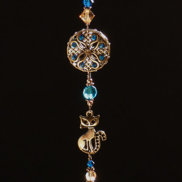 SWAROVSKI CRYSTAL WITH CAT CAR REAR VIEW MIRROR DANGLE .... ADJUSTABLE