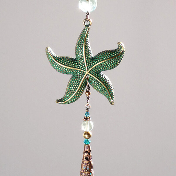 SWAROVSKI CRYSTAL AND GREEN FLUORITE WITH STARFISH CAR REAR VIEW MIRROR DANGLE .... ADJUSTABLE