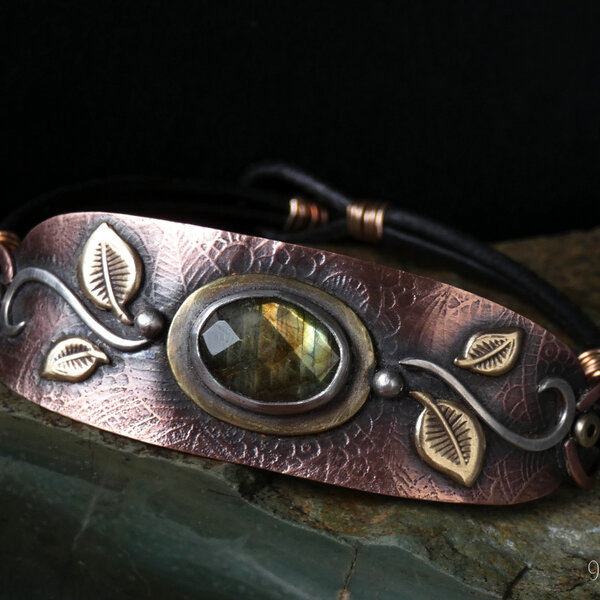 LABRADORITE LEATHER BRACELET WITH ETCHED COPPER, STERLING SILVER, BRONZE AND BRASS