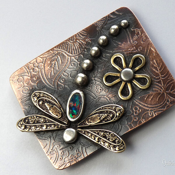 AUSTRALIAN BLACK OPAL DRAGONFLY SHAWL PIN/ SWEATER PIN WITH MIXED METALS