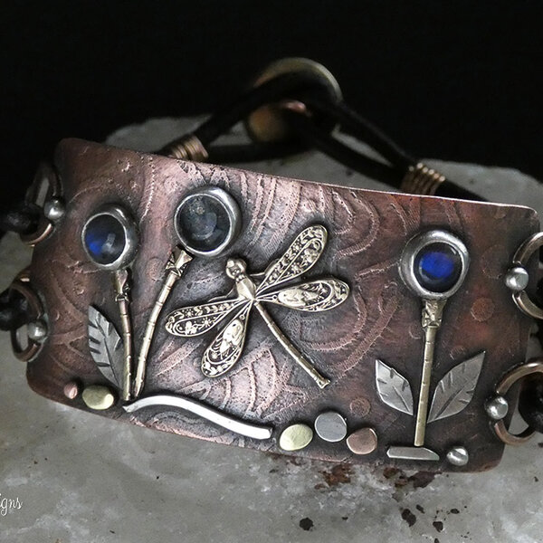 3 LITTLE LABRADORITE FLOWERS AND A  DRAGONFLY ... LEATHER BRACELET WITH MIXED METALS