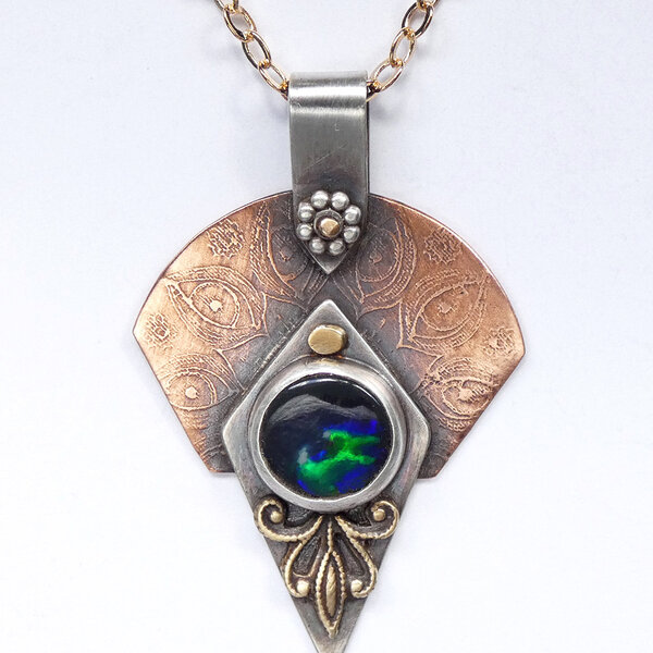 BLACK OPAL  MIXED METAL PENDANT NECKLACE
