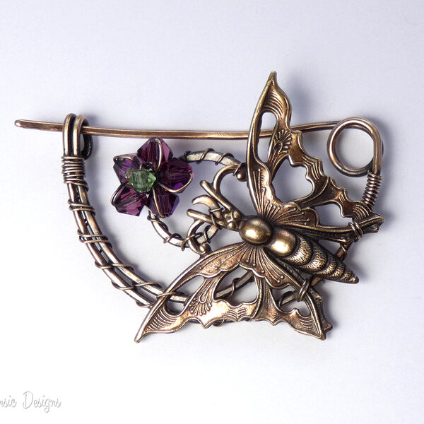 BUTTERFLY SHAWL PIN/ SWEATER PIN WITH MIXED METALS AND A SWAROVSKI CRYSTAL FLOWER
