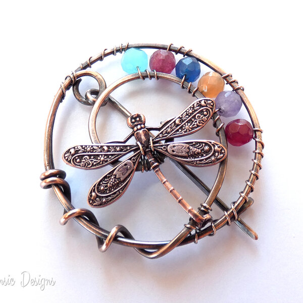 DRAGONFLY SHAWL PIN/ SWEATER PIN WITH MIXED METALS AND GEMSTONES