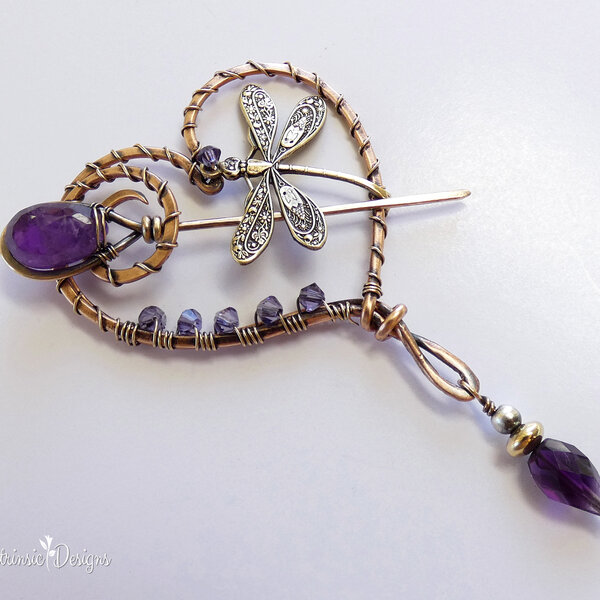 DRAGONFLY HEART SHAWL PIN/ SWEATER PIN WITH MIXED METALS, AMETHYST AND SWAROVSKI CRYSTAL