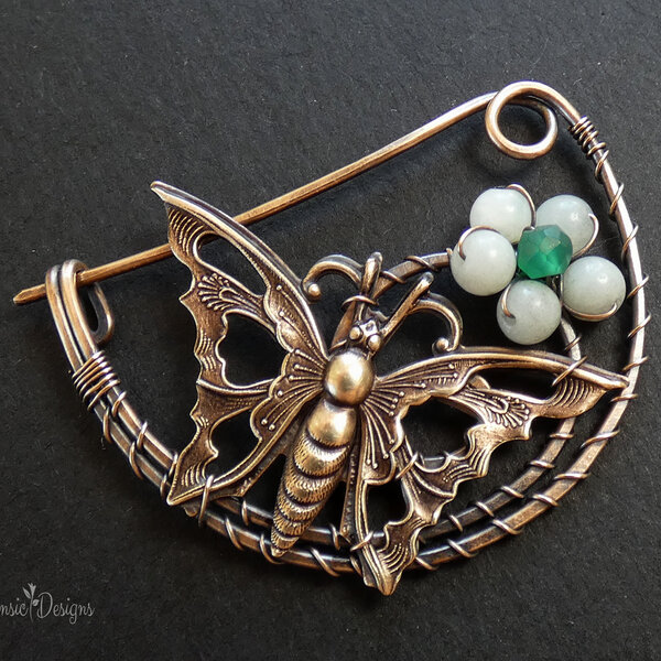 BUTTERFLY SHAWL PIN/ SWEATER PIN WITH MIXED METALS AND A GEMSTONE FLOWER