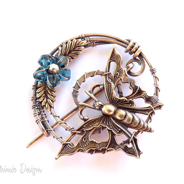 BUTTERFLY SHAWL PIN/ SWEATER PIN WITH MIXED METALS AND A SWAROVSKI CRYSTAL FLOWER