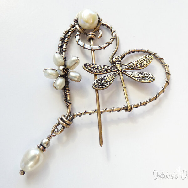 DRAGONFLY HEART SHAWL PIN/ SWEATER PIN WITH CREAMY FRESHWATER PEARLS AND MIXED METALS