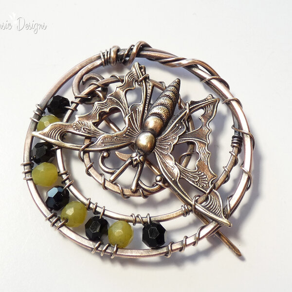 BUTTERFLY SHAWL PIN/ SWEATER PIN WITH SWAROVSKI CRYSTAL, OLIVE JADE AND MIXED METALS