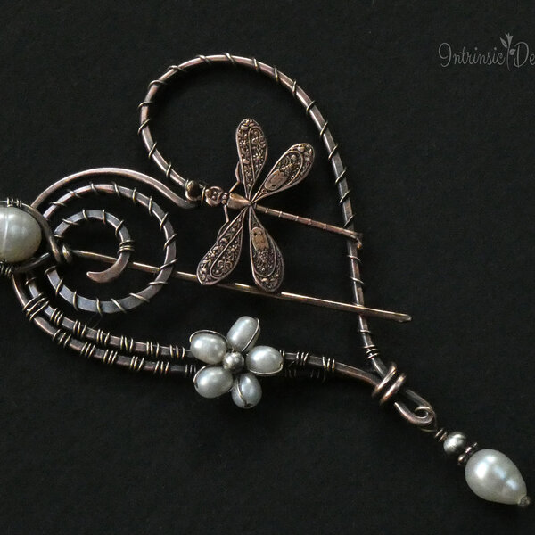 DRAGONFLY HEART SHAWL PIN/ SWEATER PIN WITH CREAMY FRESHWATER PEARLS AND MIXED METALS