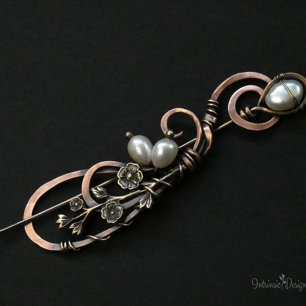 DRAGONFLY SHAWL PIN/ SWEATER PIN WITH FRESHWATER PEARLS AND MIXED METALS