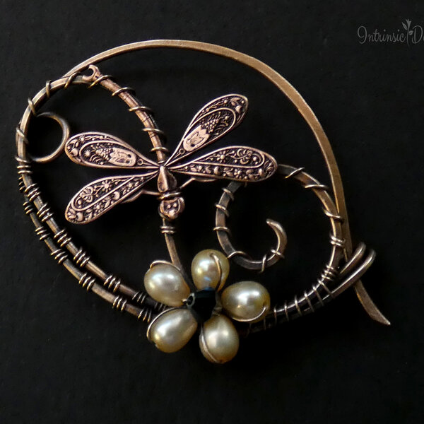 DRAGONFLY SHAWL PIN/ SWEATER PIN WITH A FRESHWATER PEARL FLOWER AND MIXED METALS