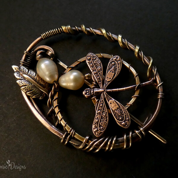 DRAGONFLY SHAWL PIN/ SWEATER PIN WITH MIXED METALS AND FRESHWATER PEARL FLOWER BUDS
