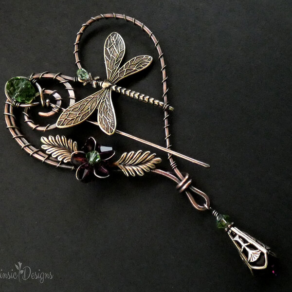 DRAGONFLY HEART SHAWL PIN/ SWEATER PIN WITH MIXED METALS  AND SWAROVSKI CRYSTAL