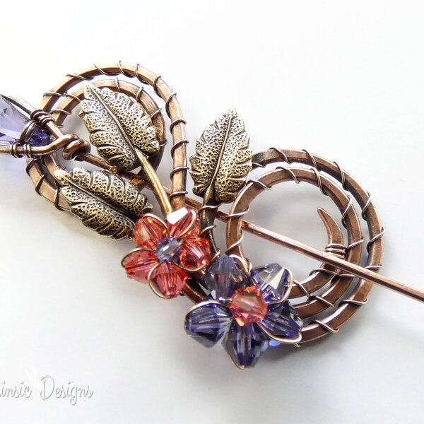 SPIRAL SHAWL PIN/ SWEATER PIN WITH SWAROVSKI CRYSTALS AND MIXED METALS