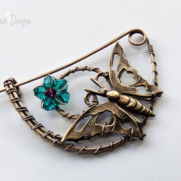 BUTTERFLY SHAWL PIN/ SWEATER PIN WITH MIXED METALS AND A SWAROVSKI CRYSTAL FLOWER