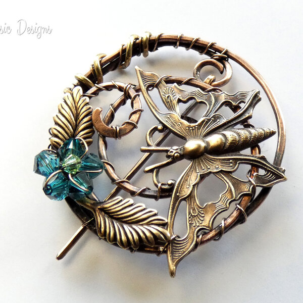 BUTTERFLY SHAWL PIN/ SWEATER PIN WITH MIXED METALS AND A SWAROVSKI CRYSTAL FLOWER
