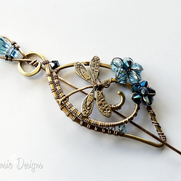 DRAGONFLY SHAWL PIN/ SWEATER PIN WITH SWAROVSKI CRYSTALS AND MIXED METALS