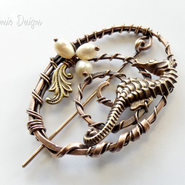 SEAHORSE SHAWL PIN/ SWEATER PIN WITH MIXED METALS AND FRESHWATER PEARL FLOWER BUDS