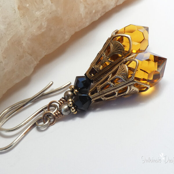 TOPAZ SWAROVSKI CRYSTAL FILIGREE EARRINGS IN MIXED METALS WITH STERLING SILVER EAR WIRES