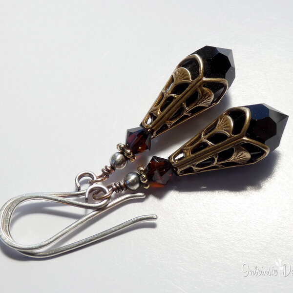BLACK SWAROVSKI CRYSTAL FILIGREE EARRINGS IN MIXED METALS WITH STERLING SILVER EAR WIRES