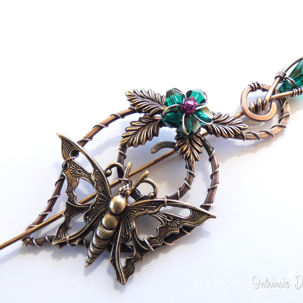 BUTTERFLY SHAWL PIN/ SWEATER PIN WITH MIXED METALS AND A SWAROVSKI CRYSTAL FLOWER