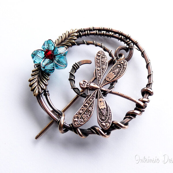 DRAGONFLY SHAWL PIN/ SWEATER PIN WITH SWAROVSKI CRYSTALS AND MIXED METALS