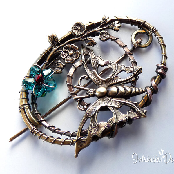 BUTTERFLY OVAL SHAWL PIN/ SWEATER PIN WITH MIXED METALS AND A SWAROVSKI CRYSTAL FLOWER