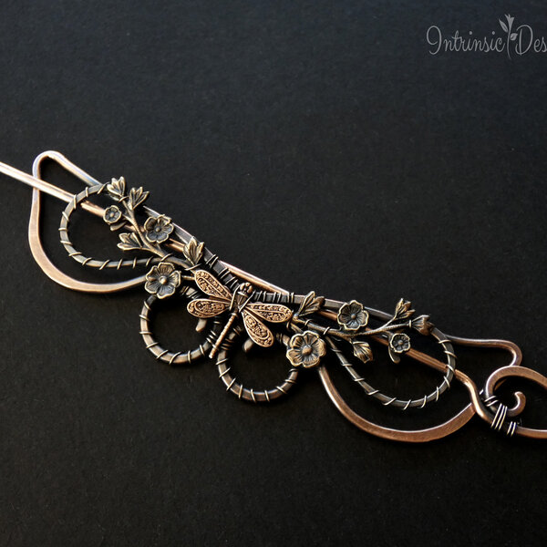 COPPER DRAGONFLY AND FLORAL SPRAY HAIR PIN / SHAWL PIN