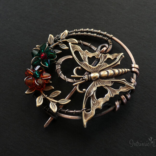 BUTTERFLY SHAWL PIN/ SWEATER PIN WITH MIXED METALS AND SWAROVSKI CRYSTAL FLOWERS