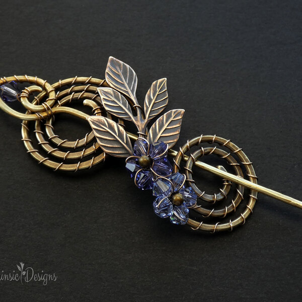 SPIRAL BRASS SHAWL PIN/ SWEATER PIN WITH SWAROVSKI CRYSTALS
