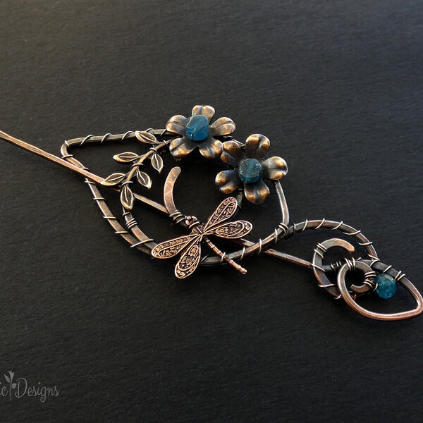 DRAGONFLY SHAWL PIN/ SWEATER PIN WITH BLUE APATITE STONE AND MIXED METALS