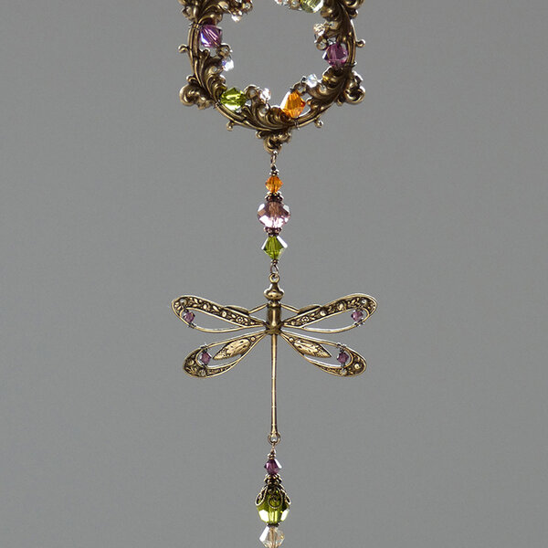 AUTUMN DRAGONFLY SWAROVSKI CRYSTAL WINDOW SUNCATCHER WITH FLORAL FRAME