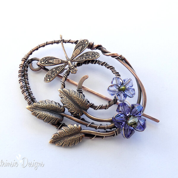 DRAGONFLY OVAL SHAWL PIN/ SWEATER PIN WITH SWAROVSKI CRYSTALS AND MIXED METALS