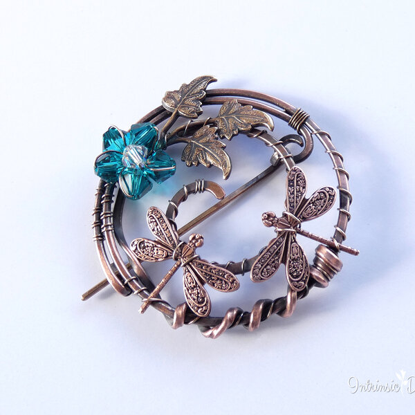 DRAGONFLY SHAWL PIN/ SWEATER PIN WITH SWAROVSKI CRYSTALS AND MIXED METALS