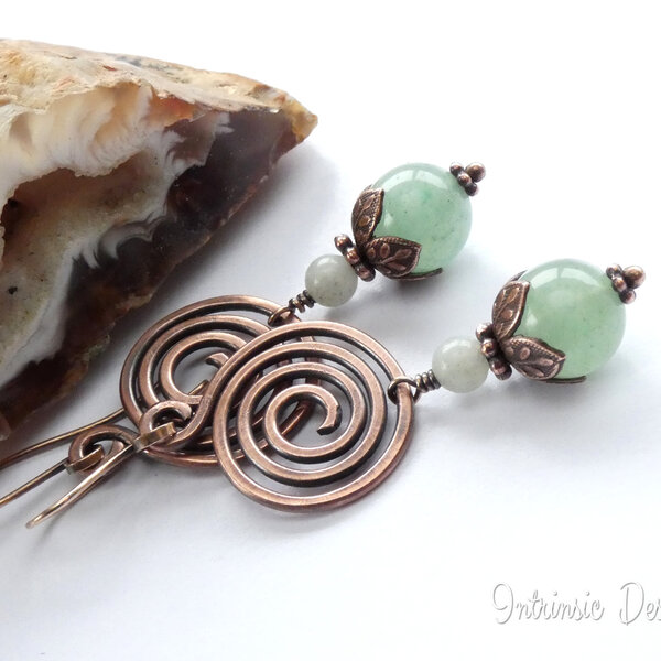 AVENTURINE AND AMAZONITE STONE AND COPPER SPIRAL EARRINGS