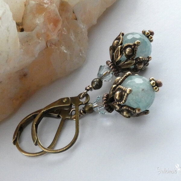 NATURAL AQUAMARINE & SWAROVSKI CRYSTAL BRASS FILIGREE EARRINGS