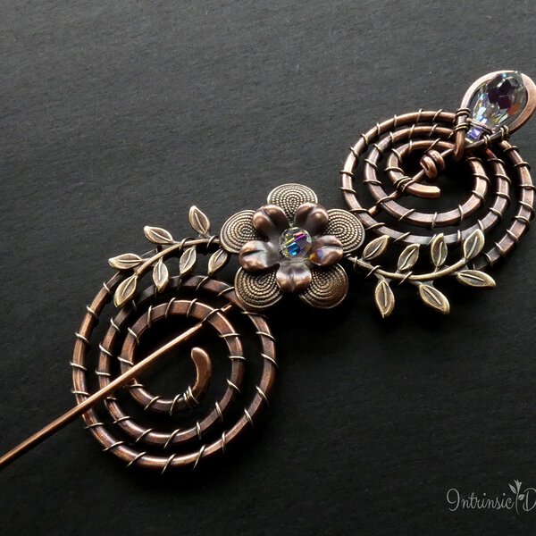 SPIRAL COPPER SHAWL PIN/ SWEATER PIN WITH SWAROVSKI CRYSTAL AND MIXED METALS