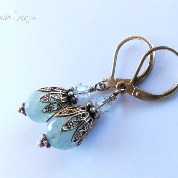 NATURAL AQUAMARINE & SWAROVSKI CRYSTAL BRASS FILIGREE EARRINGS
