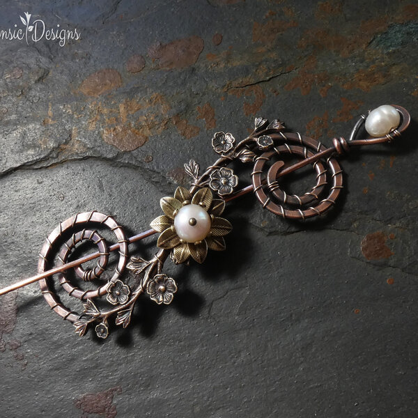 SPIRAL COPPER SHAWL PIN/ SWEATER PIN WITH A FRESHWATER PEARL FLOWER AND MIXED METALS