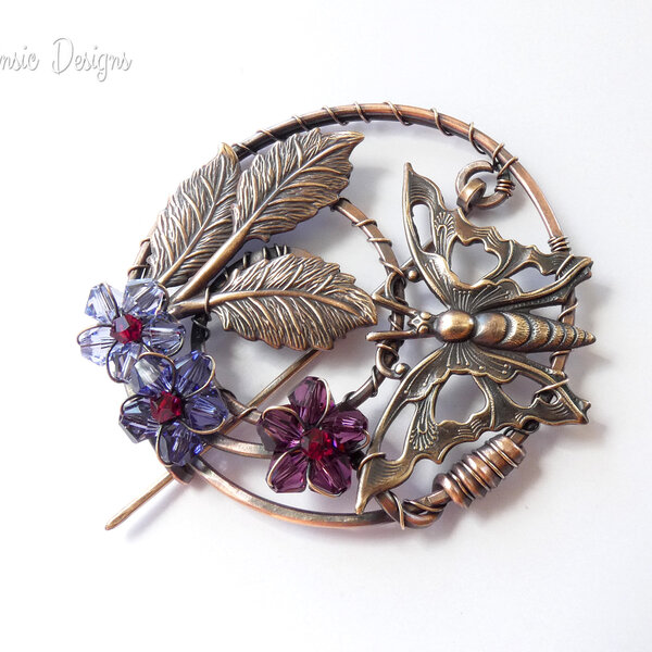 BUTTERFLY SHAWL PIN/ SWEATER PIN WITH MIXED METALS AND SWAROVSKI CRYSTAL FLOWERS