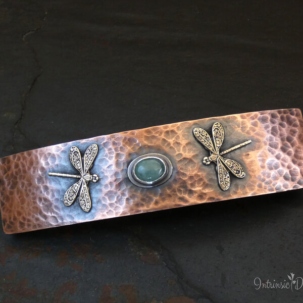 DRAGONFLY AND AQUAMARINE COPPER HAIR BARRETTE / HAIR CLIP