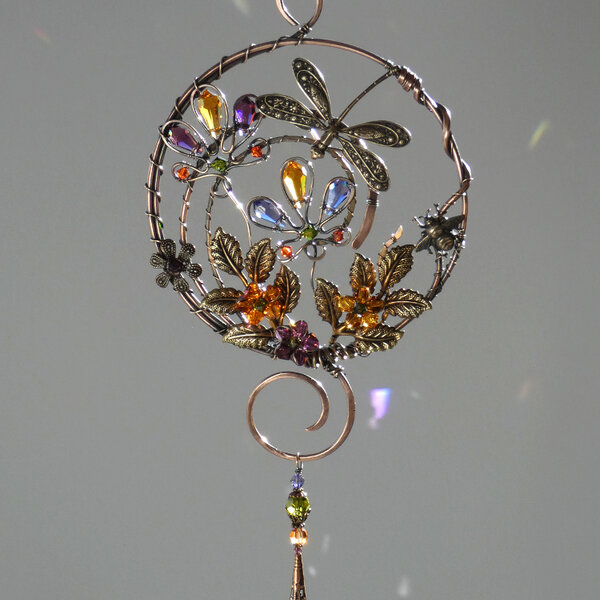 DRAGONFLY AND BEE SWAROVSKI CRYSTAL WINDOW SUNCATCHER IN MIXED METALS