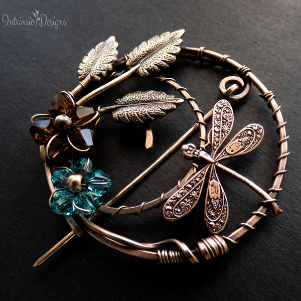DRAGONFLY ROUND SHAWL PIN/ SWEATER PIN WITH SWAROVSKI CRYSTALS, BRASS LEAVES AND MIXED METALS