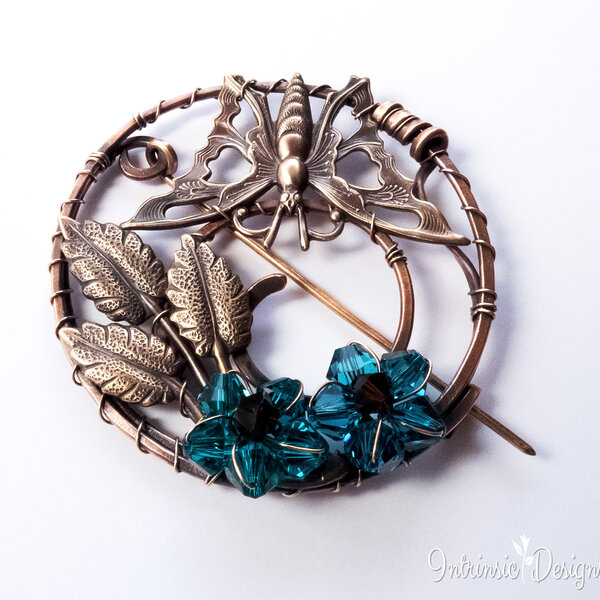 BUTTERFLY ROUND SHAWL PIN/ SWEATER PIN WITH SWAROVSKI CRYSTALS, BRASS LEAVES AND MIXED METALS