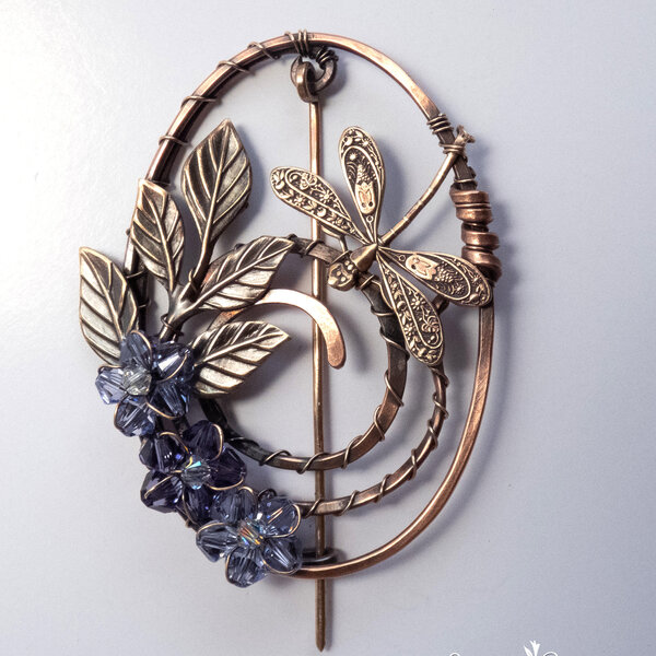DRAGONFLY OVAL SHAWL PIN / SWEATER PIN WITH SWAROVSKI FLOWERS, BRASS LEAVES AND MIXED METALS