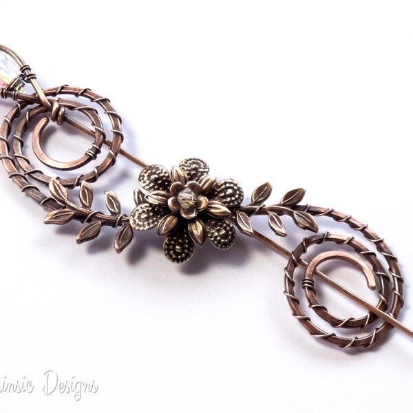 SPIRAL COPPER SHAWL PIN/ SWEATER PIN WITH SWAROVSKI CRYSTAL AND MIXED METALS