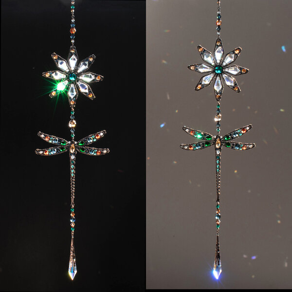 DRAGONFLY & MANDALA FLOWER SWAROVSKI & AUSTRIAN CRYSTAL SUNCATCHER IN MIXED METALS