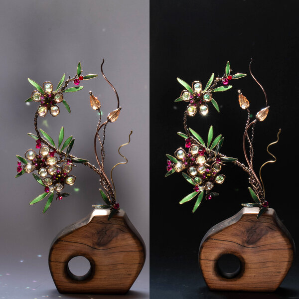 IKEBANA STYLE CRYSTAL MANUKA FLOWERS IN A CYPRESS TIMBER VASE ... WINDOWSILL SUNCATCHER