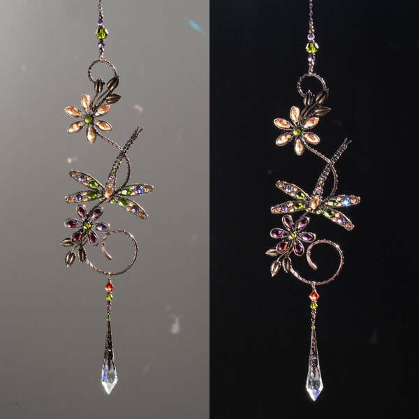 DRAGONFLY ON A BRANCH SWAROVSKI CRYSTAL WINDOW SUNCATCHER IN MIXED METALS